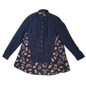 Women's Anthropologie Maeve Navy Blue Floral Button Long Sleeve Shirt sz 0